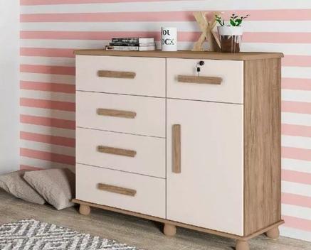 Cômoda com chave Ibiza Plus 1 Porta 5 Gavetas - Carvalho Lanza