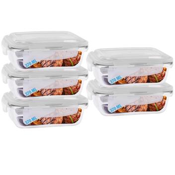 Conjunto de cinco potes de vidro herméticos de 370ml empilhados em duas colunas.