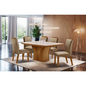 Conjunto Sala de Jantar Completa Mesa Tampo MDF Com Vidro 6 Cadeiras Noce e  Off White Olimpic Bom Pastor