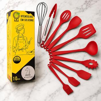 Conjunto Utensílios Jogo Kit Profissional 10 Peças Cozinha Silicone Resistente a Altas Temperaturas Antirisco BPA Free Colher Espátula VERMELHO XMATTE - Conjunto de Utensílios