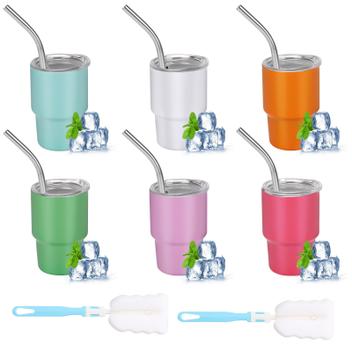 Lot 6 Mini Verres à Shot 59ml Avec Paille - Couleurs Assorties + 2 Brosses Nettoyage Pour Fêtes