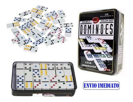 Jogo de Dominó Colorido com 55 Peças e Estojo de Metal Double 9 Color Dot –  Bilharmais®