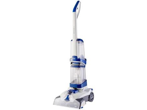 Extratora Vertical Wap Comfort Cleaner FW007120 branca com detalhes em azul, vista lateral.