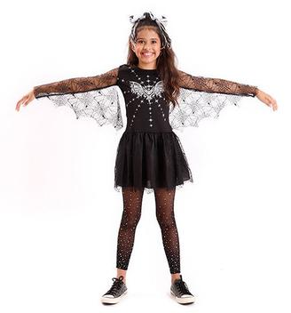 Vestido Fantasia Infantil Feminina Halloween Vampira Tiara e Asa