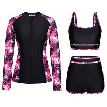 Maillot De Bain Femme Manches Longues - Protection UV UPF50+, Idéal Surf, Natation, Plage - Kit 3 Pièces