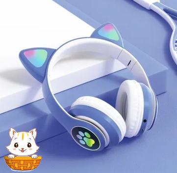 Fone Orelha de Gato Headphone Bluetooth Sem fio Led Tiara Azul Cód