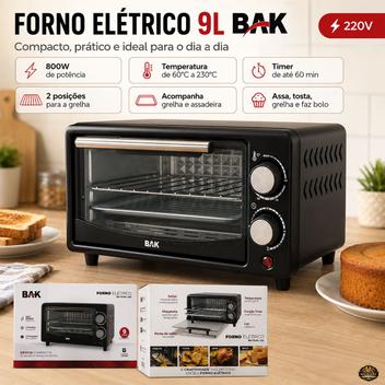 Forno 9l Bak Preto - Elétrico - 220v - Bk-fe09l