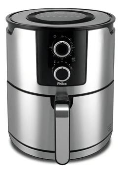 Fritadeira Air Fryer Philco PFR67PI, vista frontal, cor prata e preto, painel de controle com dois dials.
