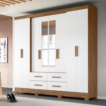 Guarda Roupa Casal 8 portas espelho 4 gavetas Naturale / Branco
