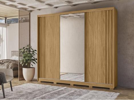 Guarda Roupa Casal Espelho 3 Portas de Correr 6 Gavetas Ripado