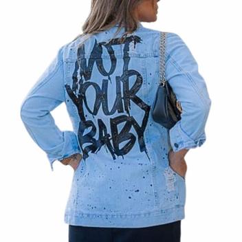 Jaqueta Jeans Feminina Customizada Estampada Com Bolso