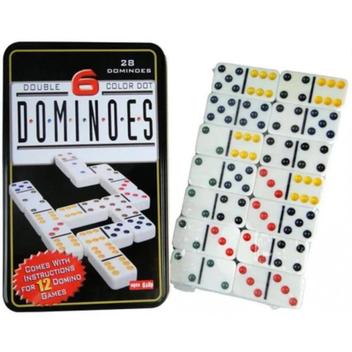 Dominó Dominoes com 28 Peças de 9mm e Estojo Lata + Baralho MB Teach com  108 Cartas