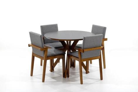 Conjunto de Jantar Mesa Redonda MDF + 4 Cadeiras Tela Palha