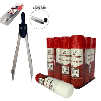 Kit 12 Colas em Bastão Escolar 21g + Compasso em Metal 17cm Desenho ...