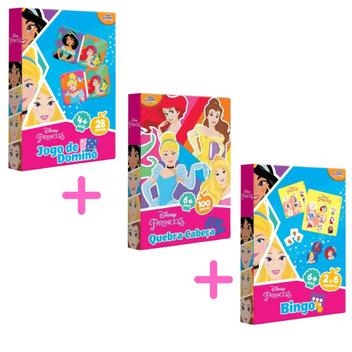 SUPER KIT PRINCESAS da Disney 3 JOGOS EM 1 com Dama Domino e Quebra Cabeca