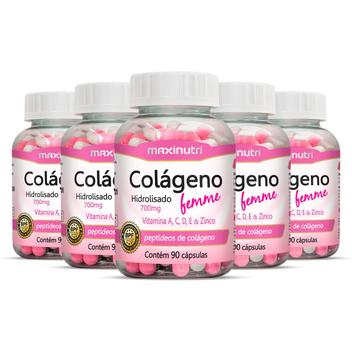 Kit 5 Colágeno Hidrolisado Femme Maxinutri 90 Cápsulas - Colágeno ...