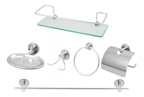Kit Acessórios Para Banheiro Aço Inox 5 Peças + 1 Porta Shampoo Vidro ...