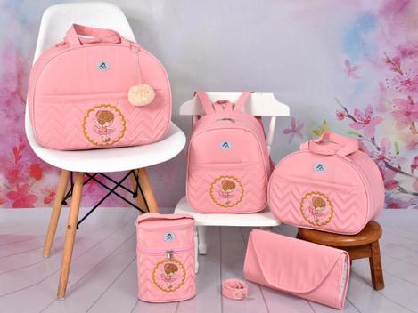 kit 4 peças bolsa bebê saída maternidade com porta mamadeira e trocador menina  cor rose