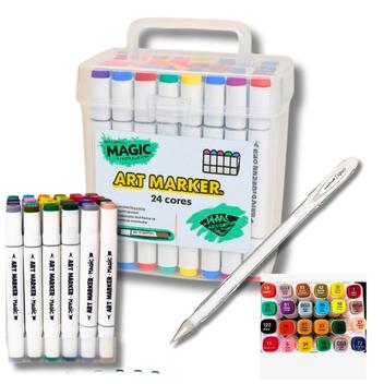 Kit caneta touch ponta dupla 24 cores c/estojo maleta magic kids +