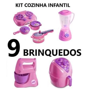 Kit Cozinha Infantil Com Fogão + Airfryer + Jogo De Jantar C/ Copos,  Pratinhos, Panelinhas De Brinquedo Fogãozinho Cooktop Comidinha