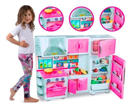 Jogo De Cozinha Barbie Meninas Rosa Grande Kit Completa Luxo Geladeira Fogao Panelinhas Luzes Infantil Armário
