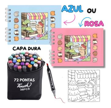 Kit Livro Bobbie Goods 50 Páginas Azul Rosa Capa Dura + Estojo 36 Cores ...