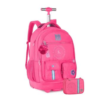 A vibrant pink rolling backpack with a matching pencil case, representing the playful yet functional gear that aligns with Shaun White’s brand partnerships in youth sports and lifestyle products.
