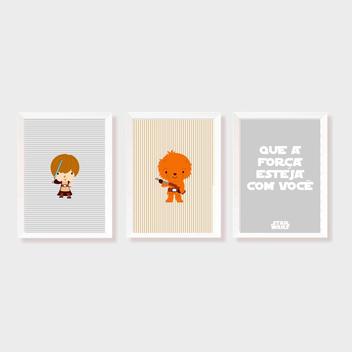 Kit Três Quadros Star Wars Chewbacca, Luke e Que a Força esteja com