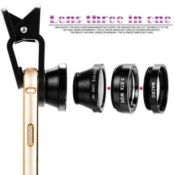 Lente Para Celular Universal Adaptador Clip Kit 3 em 1 Fish Eye 180 Macro Wide Angle Cor Vermelha - Kit Lente Olho de Peixe Fish Eye - Kit Lente para Celular