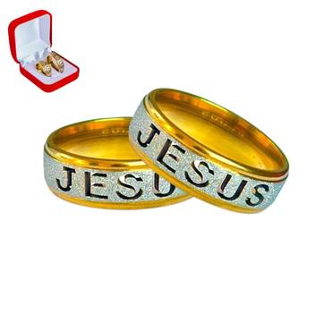 Par Alianças Jesus Banhada Ouro 18k 6mm Anel Religião Tradicional ...