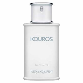 Frasco do perfume Kouros de Yves Saint Laurent, cor branca, formato retangular clássico com tampa prateada