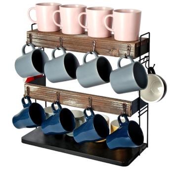 JACKCUBE DESIGN Portatacche Da Parete In Legno Rustico – 16 Ganci Per Tazze Da Caffè E Tè – Dimensioni 52x5,3x77 Cm
