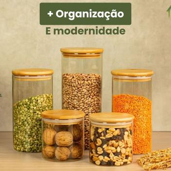 Pote de Vidro Hermético Transparente Kit 5 Potes Tampa Bambu - KONTUZ - Pote - Magazine Promosam