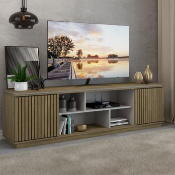 Rack para TV Até 75 Polegadas 2 Portas Harmonia Ripado Mel/Cinza ...