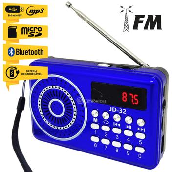 Rádio Fm Portátil Com Bluetooth Mp3 Bateria Recarregável JD32