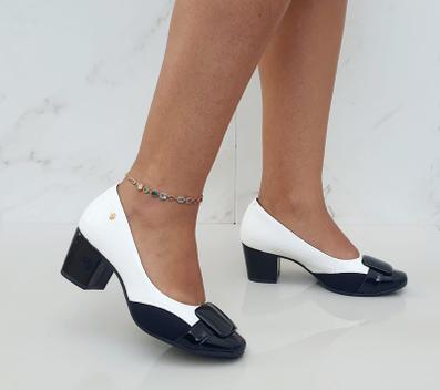 Scarpin Salto Grosso Baixo Bico Redondo Firezzi Preto Branco