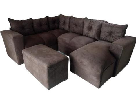 Sofá de Canto com Chaise + Puff Marrom - AUREA - Puffs - Magazine Luiza