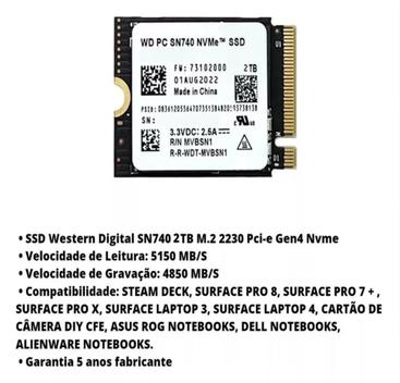 Ssd Armazenamento Wd Sn740 2tb Gen4 Steam Deck Asus Rog Ally