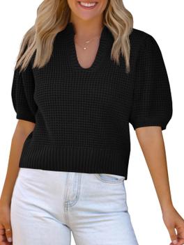 Pull Manches Courtes Bouffantes Femme – Tricot Fin Col Rond, Léger Et Stretch – SAODIMALLSU