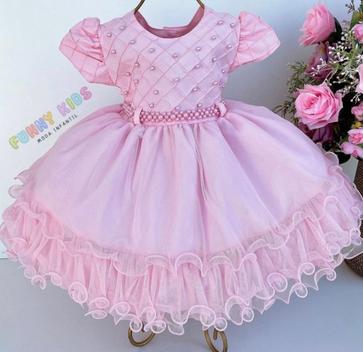 Vestido Bebê Rosa Pérolas Princesa Menina Bonita, Casamento