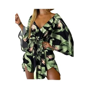 Vestido Feminino Estampado Boêmio Com Decote Em V, Manga Morcego