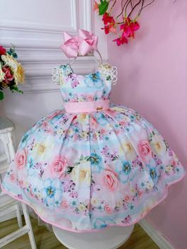 Vestido Infantil Floral Rosa Claro P rolas e Strass Luxo Festa