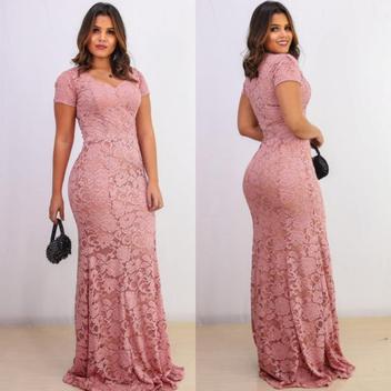 Vestido longo sereia renda cheap rosa