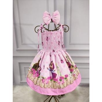 Vestido Menina Infantil Lastex Temático Macha e o Urso Rosa ...