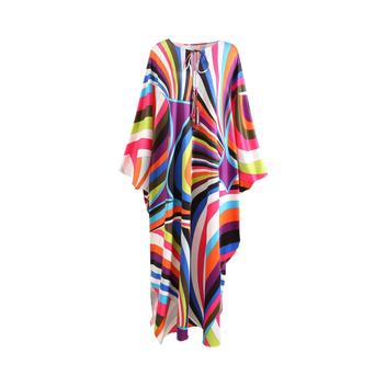 Vestido Solto Listrado Com Manga Morcego E Decote Redondo Casual