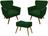 Kit 2 Poltronas Decorativa Aurora + 1 Puff Retangular Suede Verde Pés Madeira Mz Decor