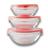 Kit 3 Tigela Vidro Bowl Com Tampa Multiuso Bacia Saladeira Vermelho