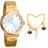 relogio feminino dourado aço inox casual social + pulseira estilo marcante moda luxo presente para ela 