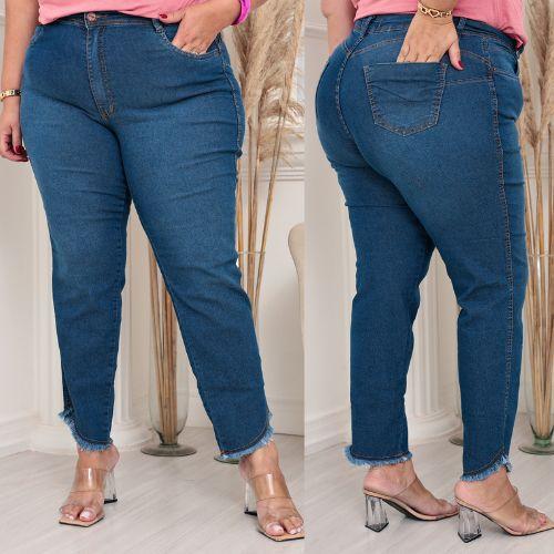 Calça jeans cintura alta com lycra e três botões moda feminina