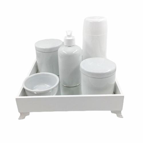 Kit Higiene Bebê Porcelana Garrafa Bandeja Mdf 6pçs
